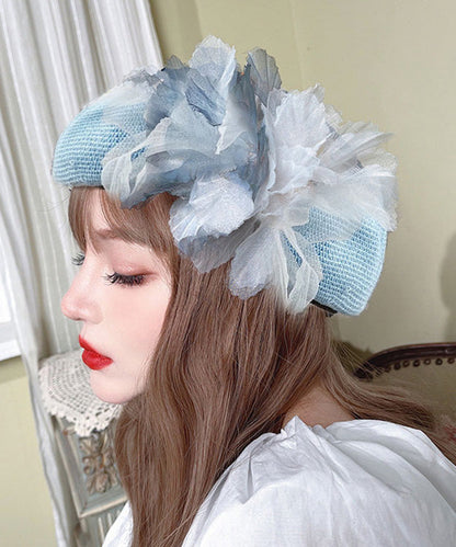 Ink Hat Breathable Wash Flower Tulle Mesh Blue Beret