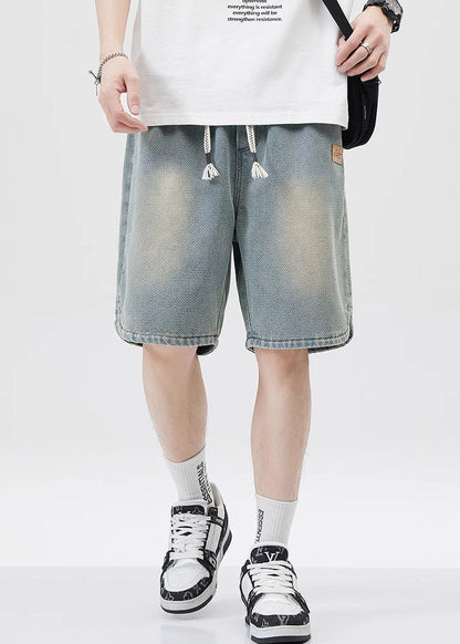 Blue Lace Up Elastic Waist Denim Men Shorts Pockets Summer YL033