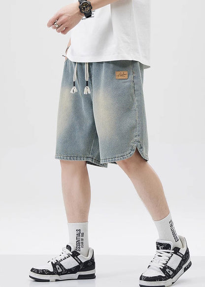 Blue Lace Up Elastic Waist Denim Men Shorts Pockets Summer YL033