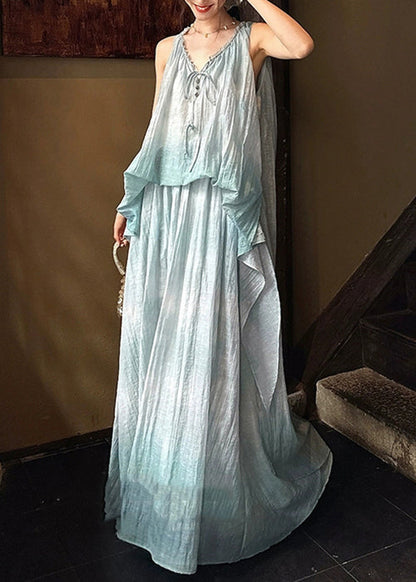 Ruffled Up Linen Dresses Long Blue Sleeveless Silk Lace
