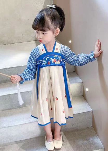 Blue Lace Up Patchwork Cotton Girls Dresses Wrinkled Fall XZ013