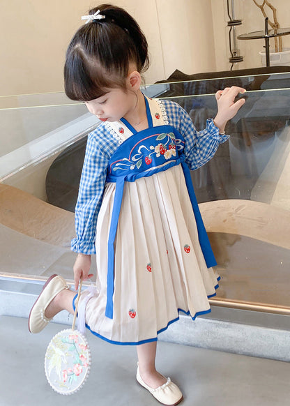 Blue Lace Up Patchwork Cotton Girls Dresses Wrinkled Fall XZ013