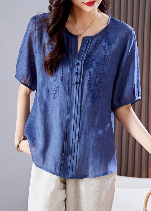 Embroidered Top Blue Linen Summer Wrinkled