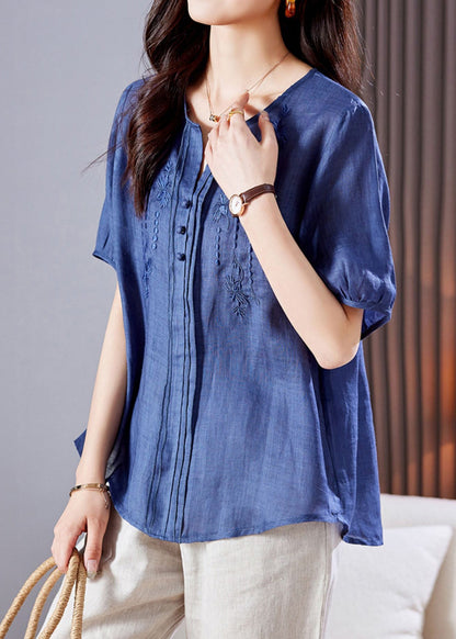 Embroidered Top Blue Linen Summer Wrinkled
