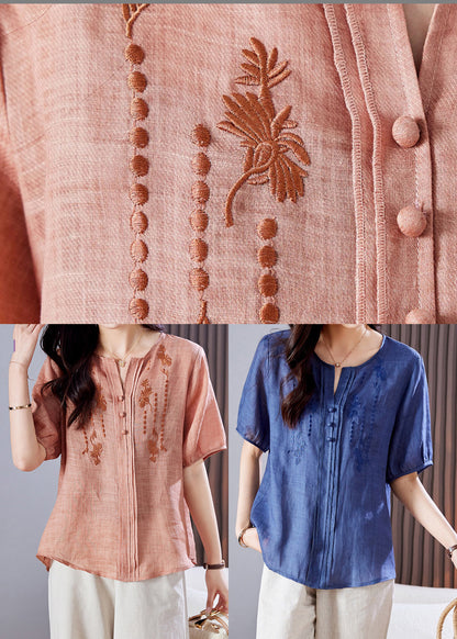 Embroidered Top Blue Linen Summer Wrinkled