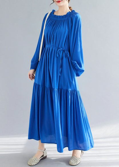 Blue O-Neck Ruffled Patchwork Chiffon Maxi Dress Spring GH1081