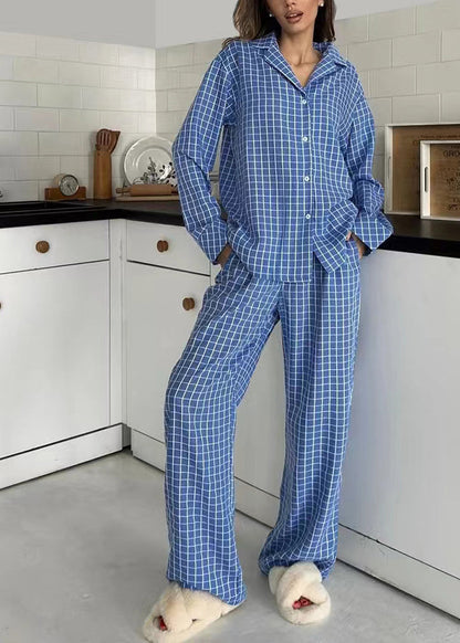 Fall Plaid Cotton Pieces Pajama Two Sets Oversized Blue