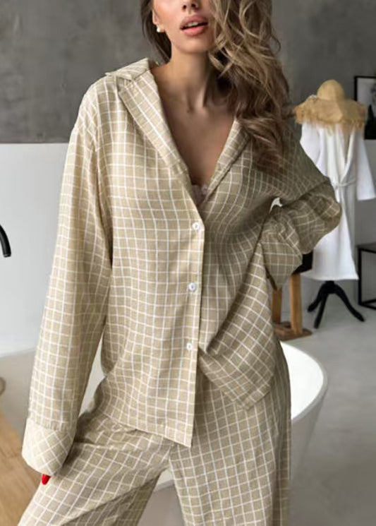 Fall Plaid Cotton Pieces Pajama Two Sets Oversized Blue