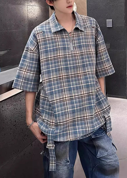 Summer Blue Shirts Peter Plaid Up Cotton Collar Zip Pan Men