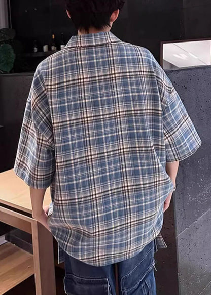 Summer Blue Shirts Peter Plaid Up Cotton Collar Zip Pan Men