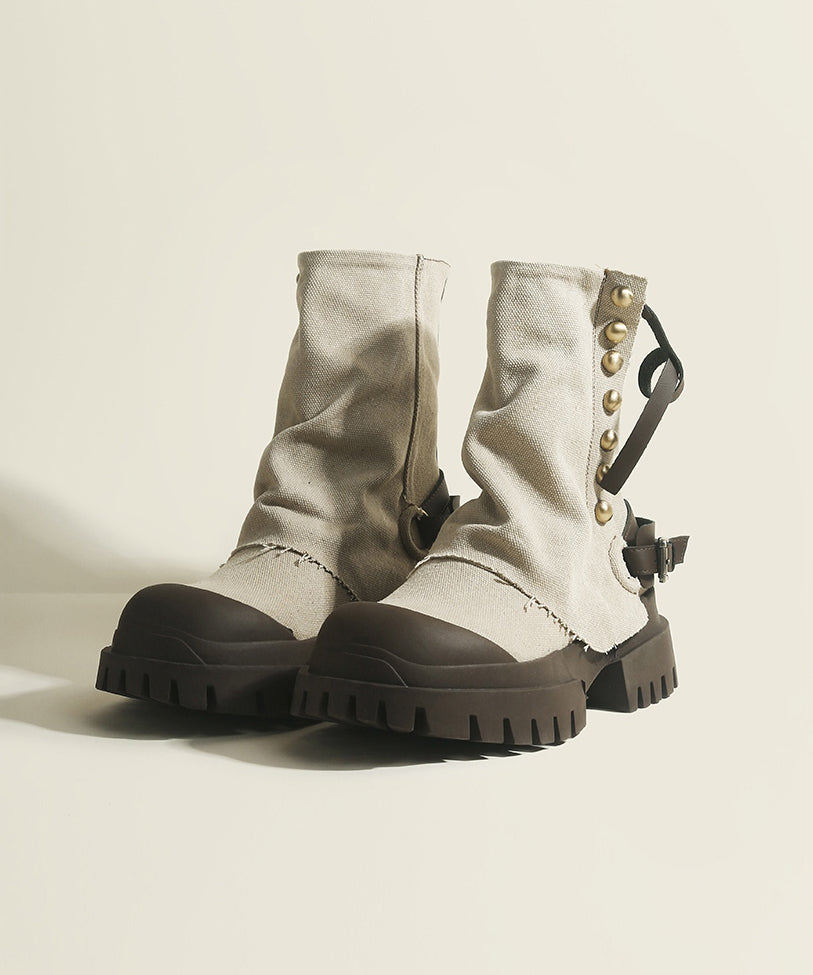 Cowhide Leather Denim Platform Boots Splicing Blue