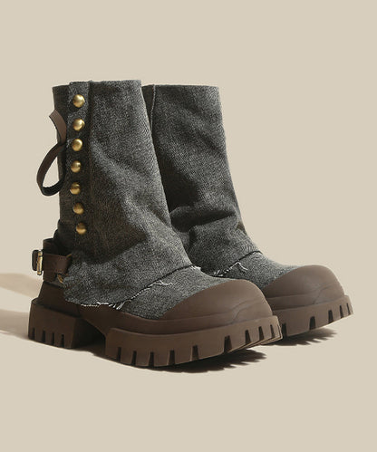 Cowhide Leather Denim Platform Boots Splicing Blue