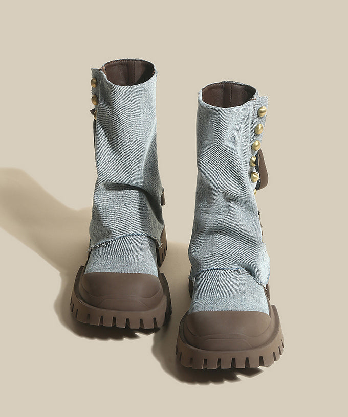 Cowhide Leather Denim Platform Boots Splicing Blue