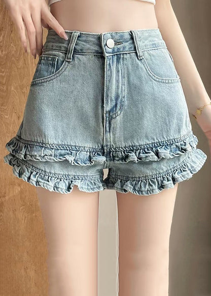 Summer Denim Shorts Blue Waist Ruffled High Pockets