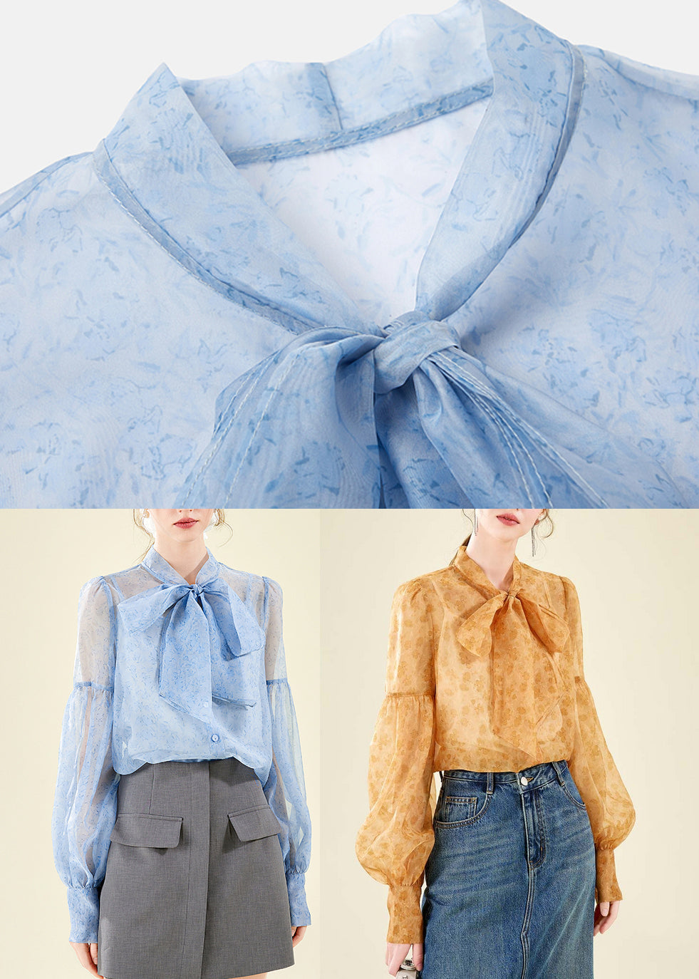 Blue Print Patchwork Chiffon Shirts Spring UU1037