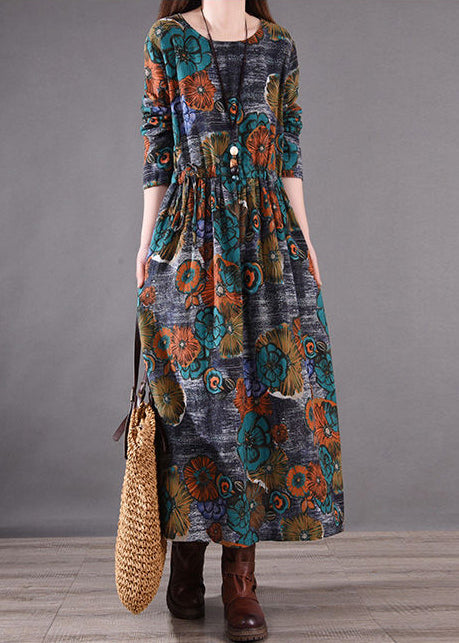 Print Silm Long Blue Dresses Fit Cinched Spring