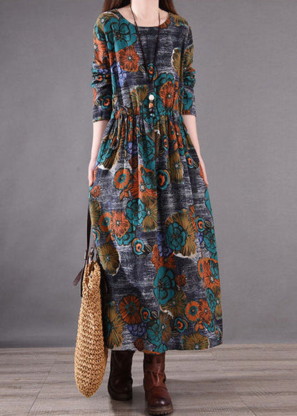 Print Silm Long Blue Dresses Fit Cinched Spring