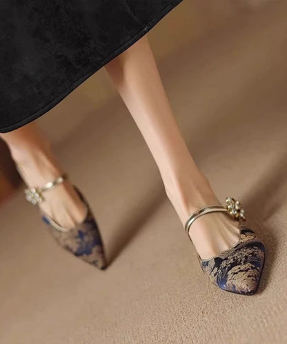 Toe Blue Slide Jacquard Pointed Sandals Zircon Splicing