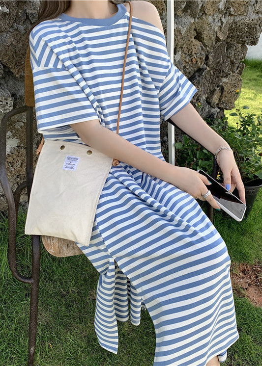 Cold Shoulder Cotton Blue Striped Robe Summer Dresses