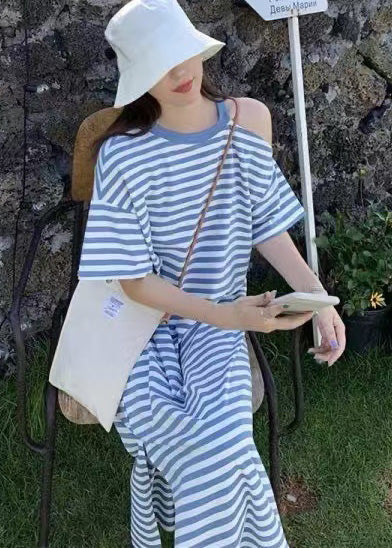 Cold Shoulder Cotton Blue Striped Robe Summer Dresses