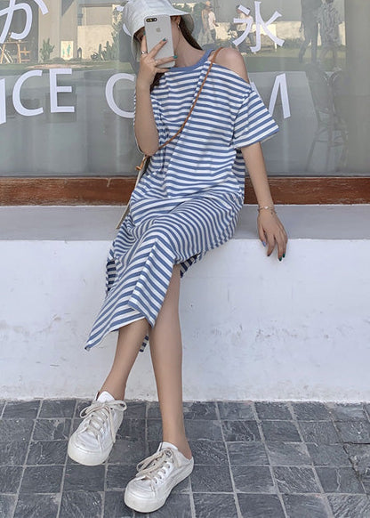 Cold Shoulder Cotton Blue Striped Robe Summer Dresses
