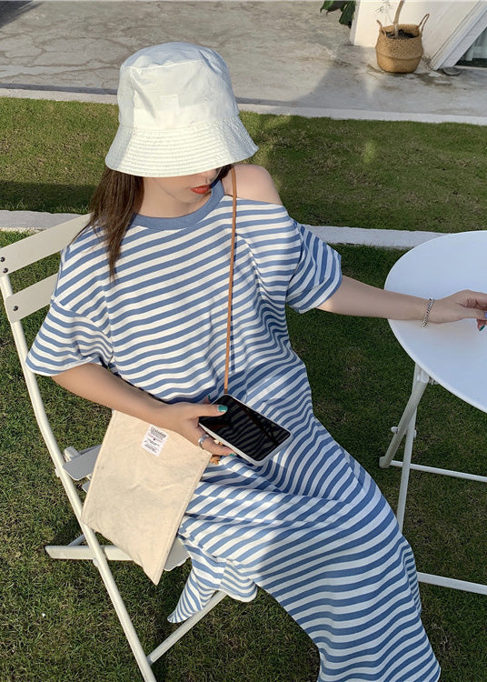 Cold Shoulder Cotton Blue Striped Robe Summer Dresses