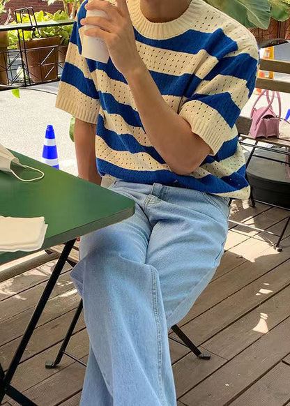Mens Hollow Knit Shirts T Striped Blue Summer Graphic Out