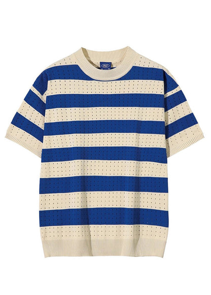 Mens Hollow Knit Shirts T Striped Blue Summer Graphic Out