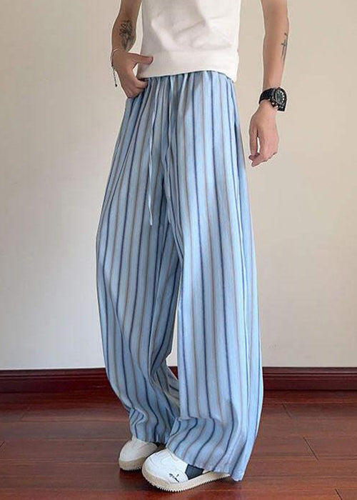 Men Elastic Up Pants Lace Striped Summer Waist Blue Cotton