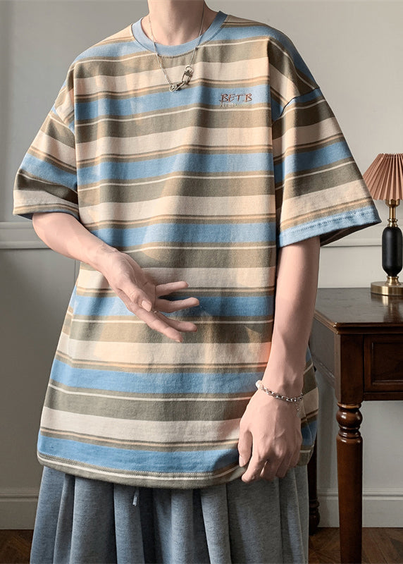 Summer Neck Cotton T O Letter Blue Striped Men Shirts