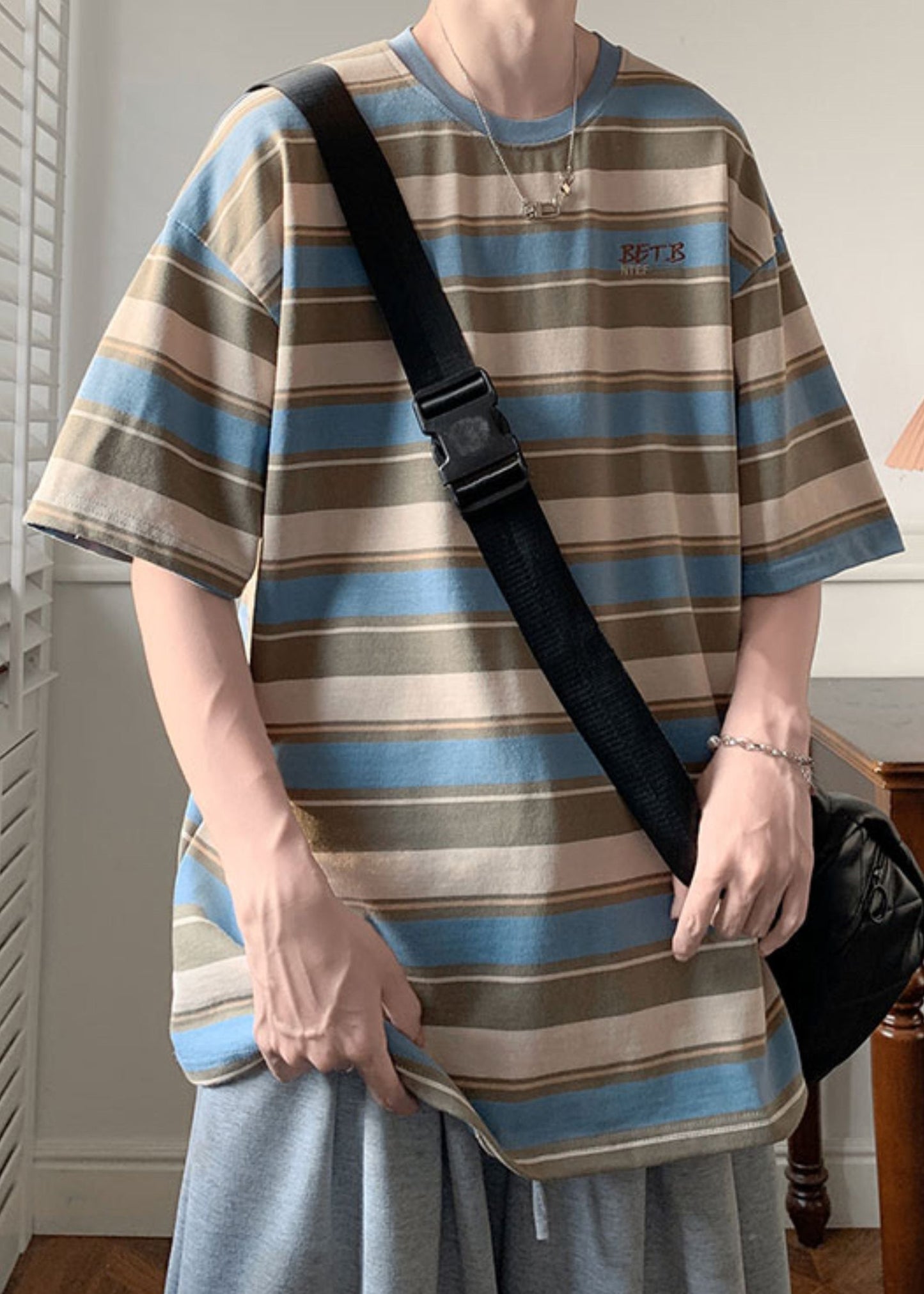 Summer Neck Cotton T O Letter Blue Striped Men Shirts