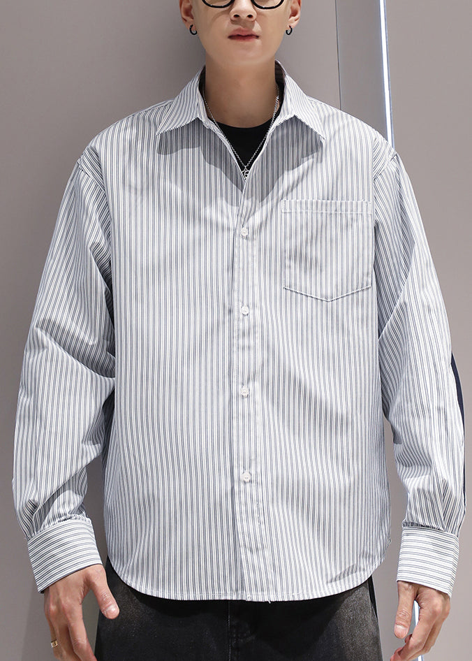 Collar Patchwork Shirts Peter Blue Cotton Striped Pockets Pan Men