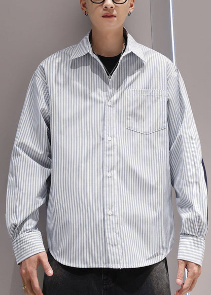 Collar Patchwork Shirts Peter Blue Cotton Striped Pockets Pan Men