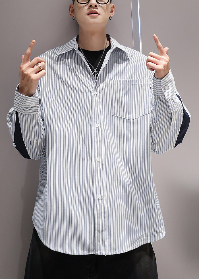 Collar Patchwork Shirts Peter Blue Cotton Striped Pockets Pan Men