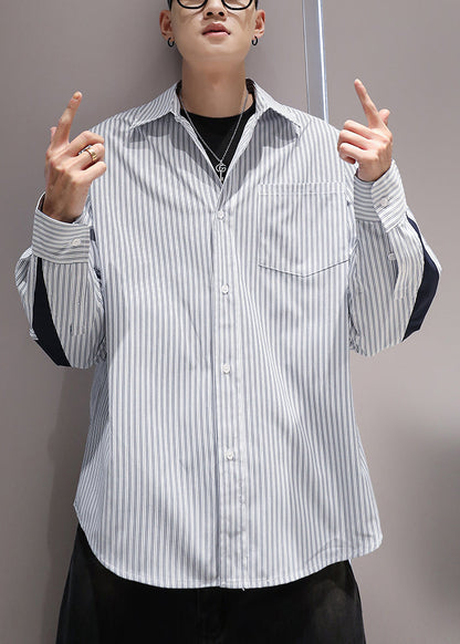 Collar Patchwork Shirts Peter Blue Cotton Striped Pockets Pan Men