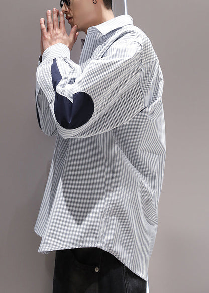 Collar Patchwork Shirts Peter Blue Cotton Striped Pockets Pan Men