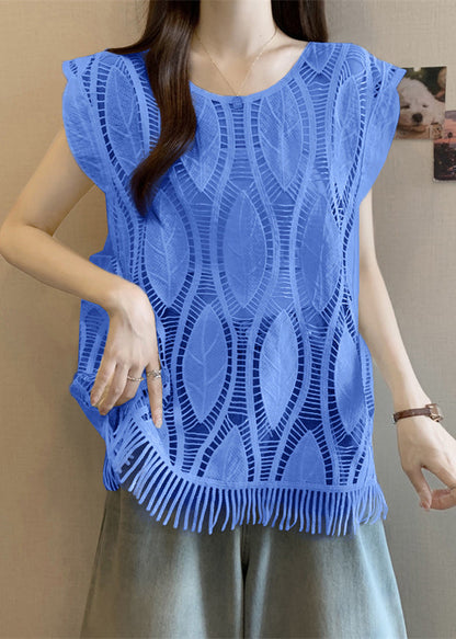 Blue Summer O-Neck Tasseled Tank Solid Cotton