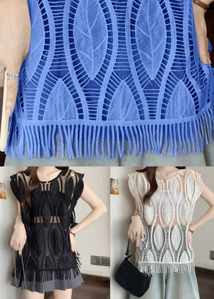 Blue Summer O-Neck Tasseled Tank Solid Cotton