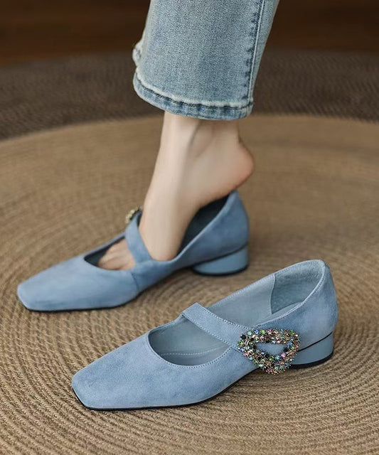 Zircon Chunky Buckle Shoes Suede Blue Splicing Strap