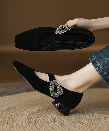 Zircon Chunky Buckle Shoes Suede Blue Splicing Strap