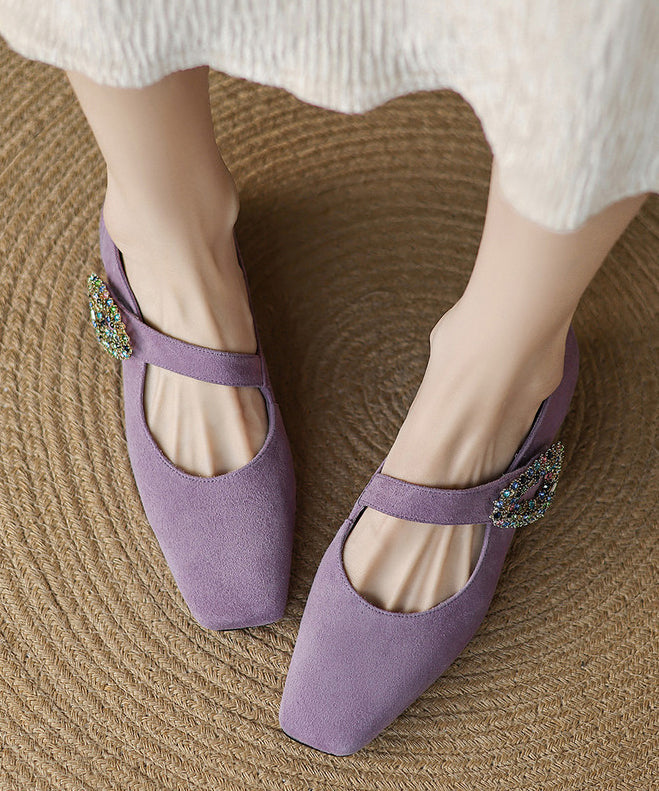 Zircon Chunky Buckle Shoes Suede Blue Splicing Strap