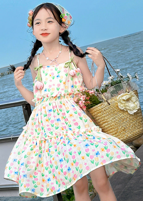 Bohemian Apricot Ruffled Print Cotton Girls Spaghetti Strap Dress Sleeveless EW034