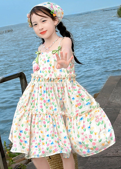 Bohemian Apricot Ruffled Print Cotton Girls Spaghetti Strap Dress Sleeveless EW034