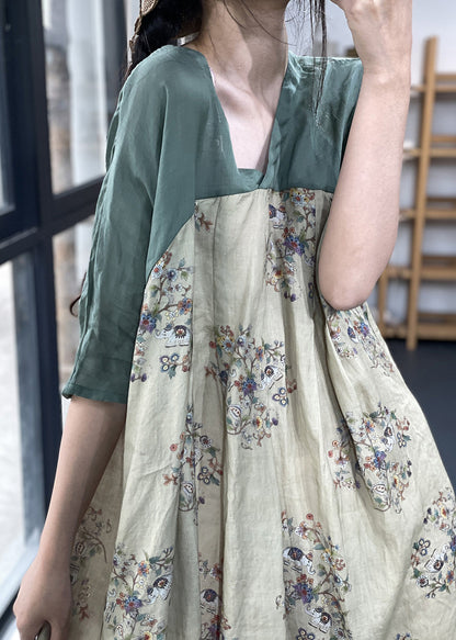 Robe bohème en lin ramie à imprimé patchwork et col en V abricot été OO031