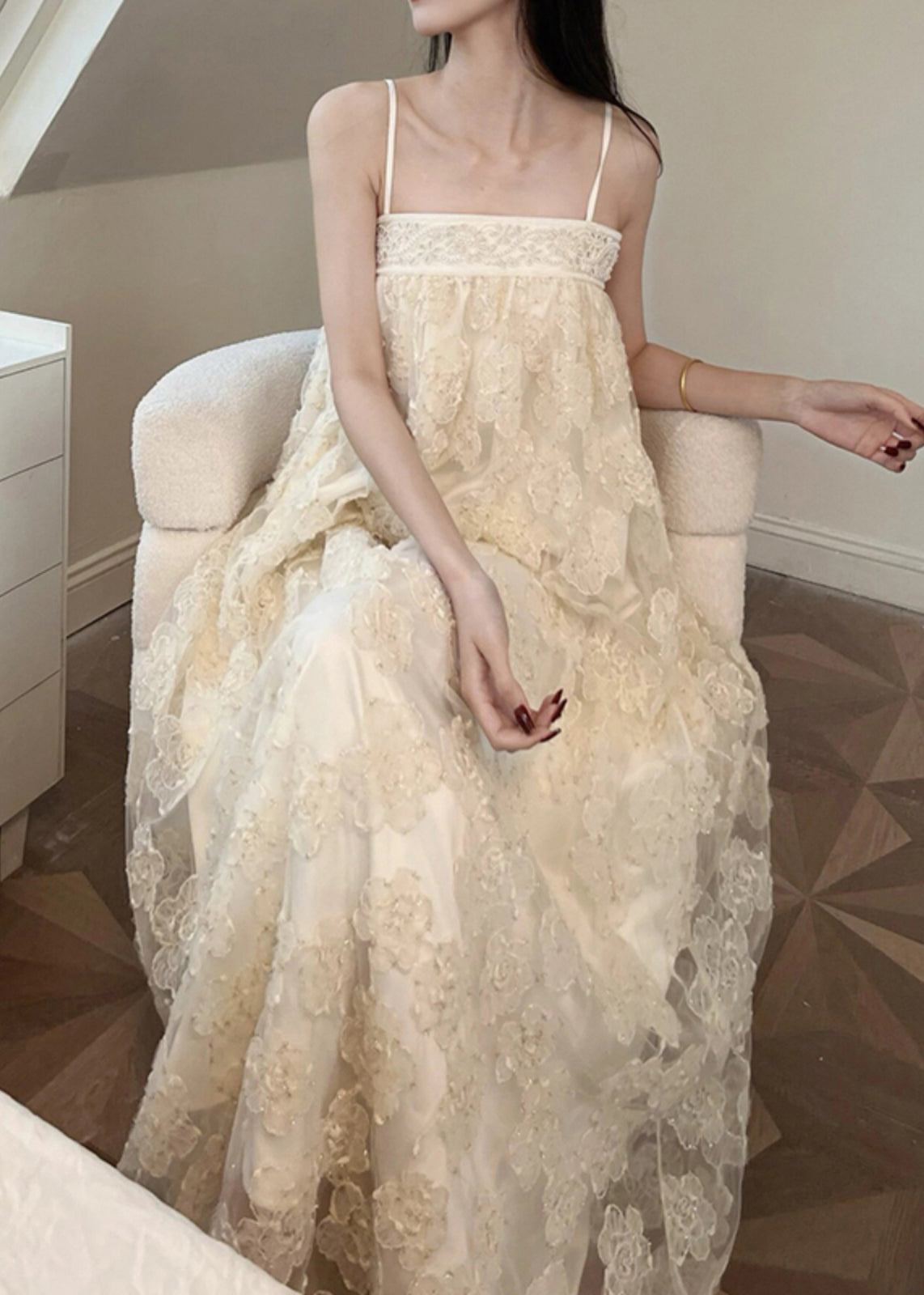 Dresses Beige Long Tulle Bohemian Patchwork Embroidered