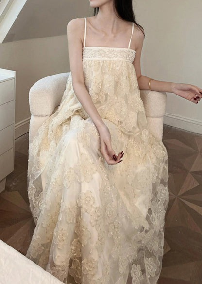 Dresses Beige Long Tulle Bohemian Patchwork Embroidered