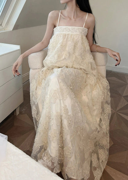 Dresses Beige Long Tulle Bohemian Patchwork Embroidered