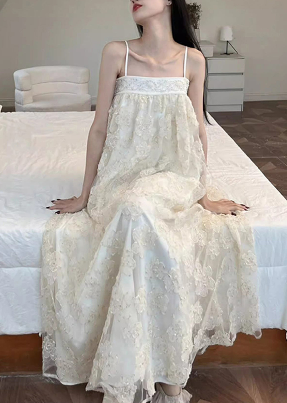 Dresses Beige Long Tulle Bohemian Patchwork Embroidered