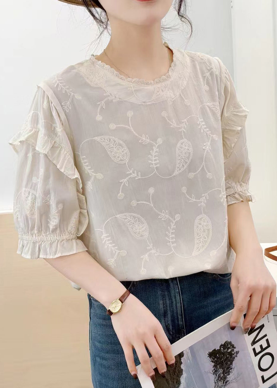 Beige Bohemian Tanks Embroideried Summer Cotton