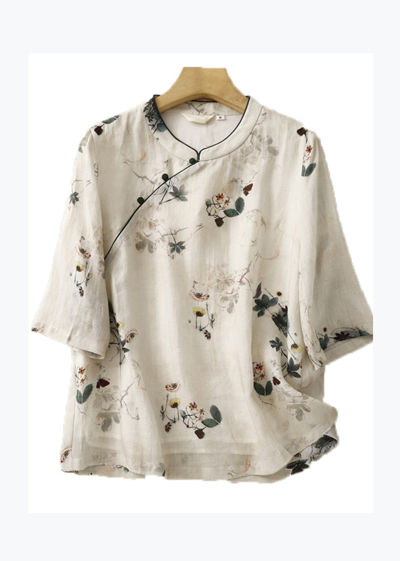 Bohemian Beige Stand Collar Print Linen Tops Summer AM1037